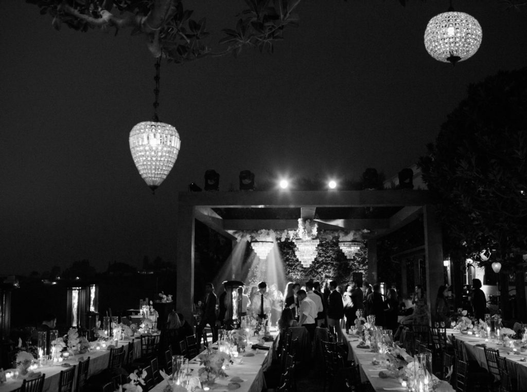 Black and white wide shot of reception in Los Angeles