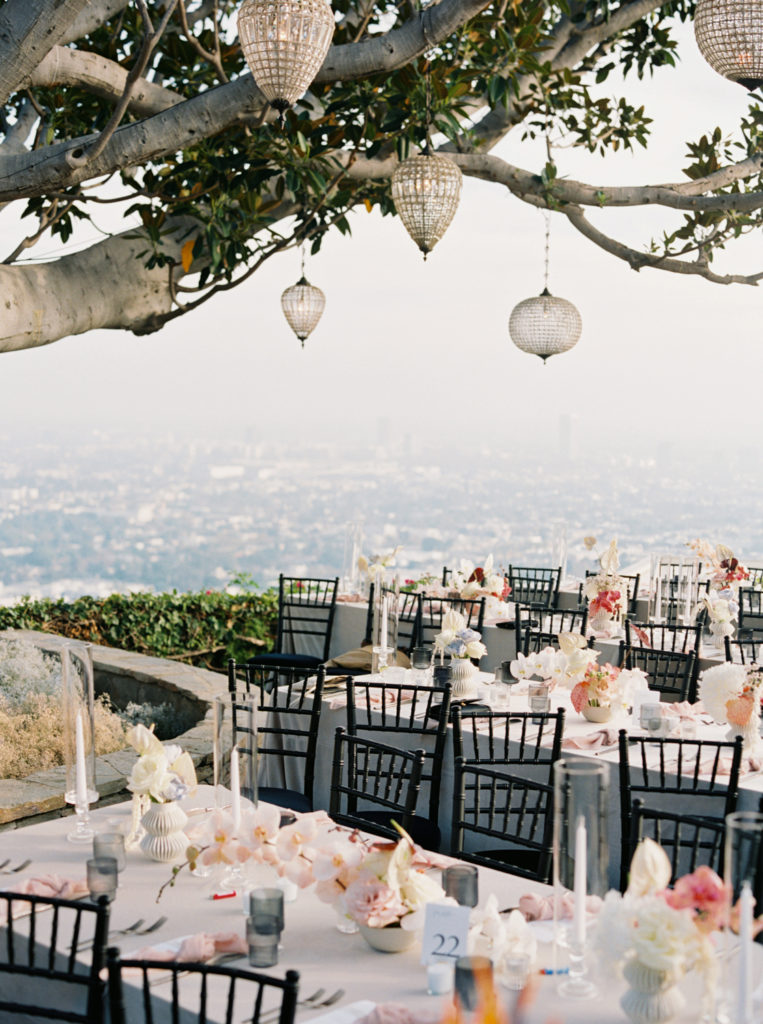 Wedding reception decor by JS Rhos overlooking Los Angeles